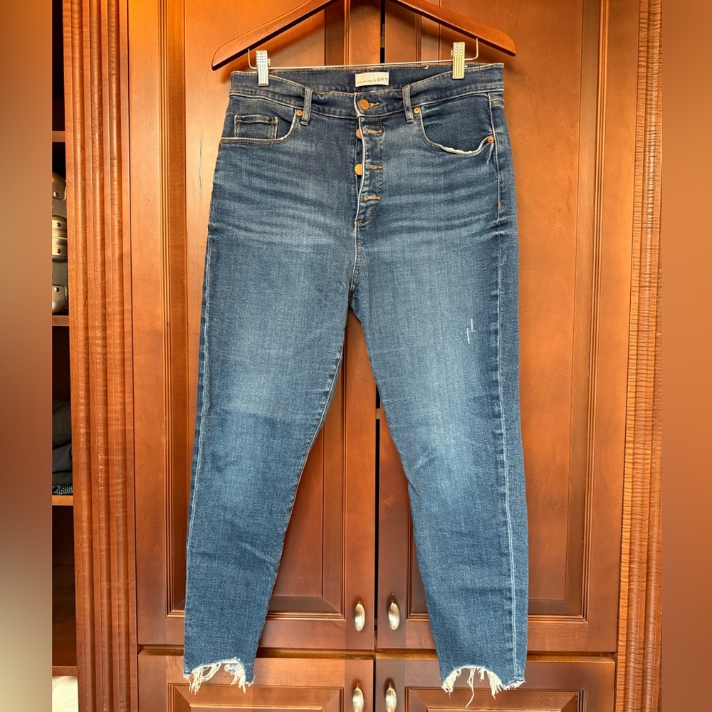 LOFT | High Rise Straight Denim Blue Jeans Raw Cut Off Hem Women's Size 12